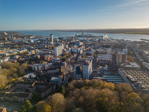 Southampton city center in autumn. Aerial view from public park towards Southampton Cruise ship terminal.