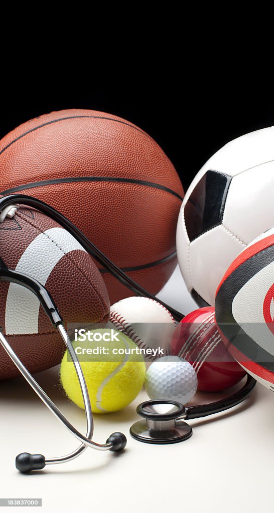 Different sports balls with stethoscope Sports balls for a number of different sports with stethoscope Soccer Stock Photo