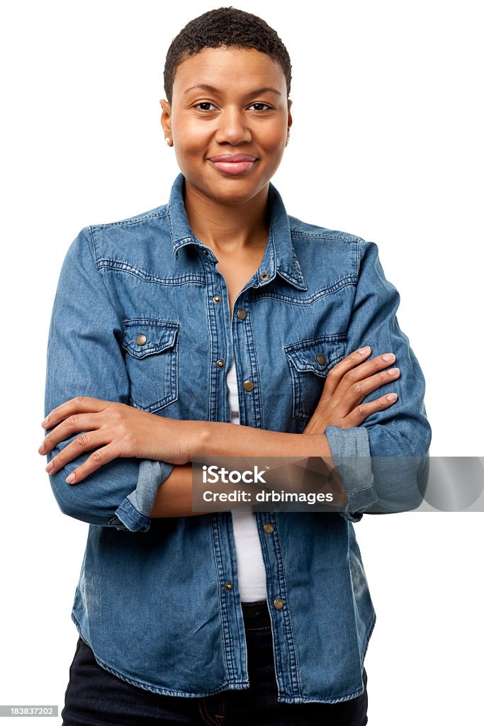 Content Young Woman With Arms Crossed Portrait of a young woman on a white background. http://s3.amazonaws.com/drbimages/m/pripri.jpg White Background Stock Photo