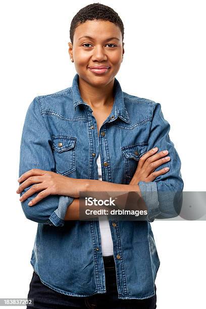 Content Young Woman With Arms Crossed Stock Photo - Download Image Now - White Background, Women, One Woman Only