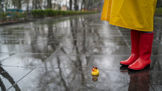 . A small rubber yellow duck is swimming in the water. A child jumps through puddles.