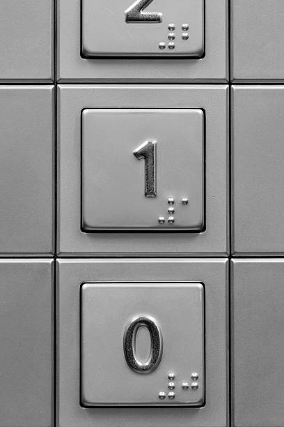 istock Front view macro of metal push buttons in elevator (012) 183838550
