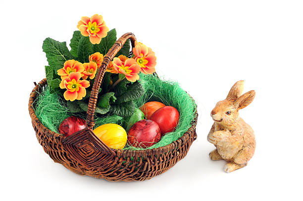istock Primula Primrose with easter eggs in basket and bunny aside 183838551