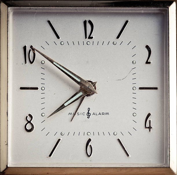 istock Old retro stylish 12hour clock, minute hour hand, music alarm 183839559