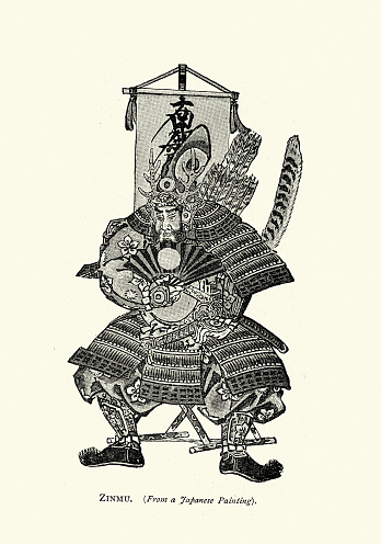 Vintage illustration Emperor Jimmu the legendary first emperor of Japan, Samurai warrior, Japan History 19th Century. A European sojourn in Japan, Aime Humbert Swiss minister in Japan