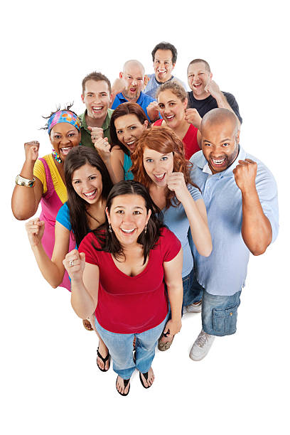 istock Diverse Group of Adults Smiling Looking Up With Raised Fists 183840277