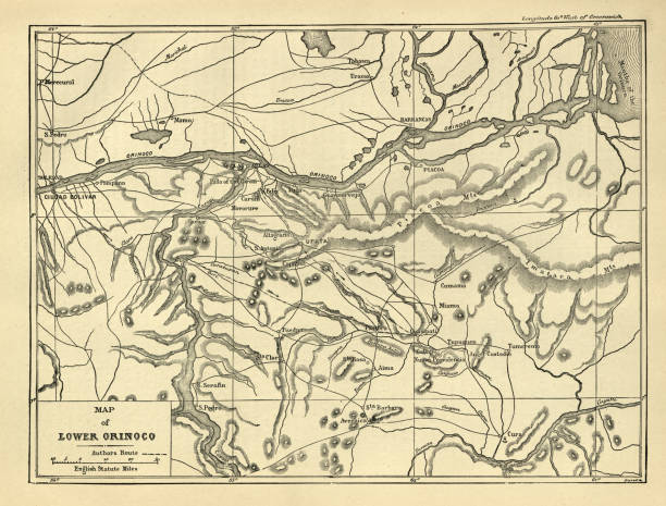 Vintage illustration Map of the Lower Orinoco River, Victorian South America History 19th Century.  A Jouney up the Orinoco to the Caratal Gold Field, C. Le Neve Foster