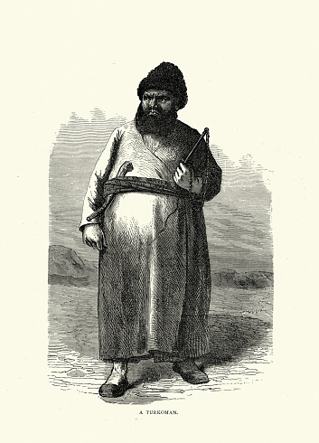 Vintage illustration A Turkoman in traditional costume, Victorian 19th Century 1870s. The Hyrcanian Desert and the Principal Roads Acress it by Professor Arminius Vambery