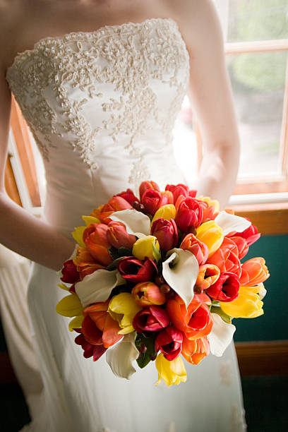 istock Multi color buquet being held by wedding dress clad bride 183841285