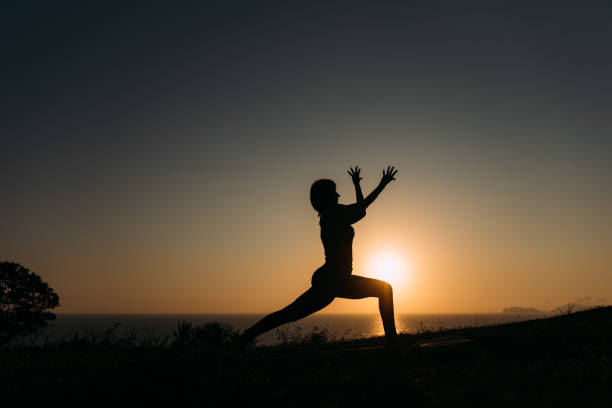 istock Silhouette of a woman's body at sunset practicing yoga. Copy space. 1838431100