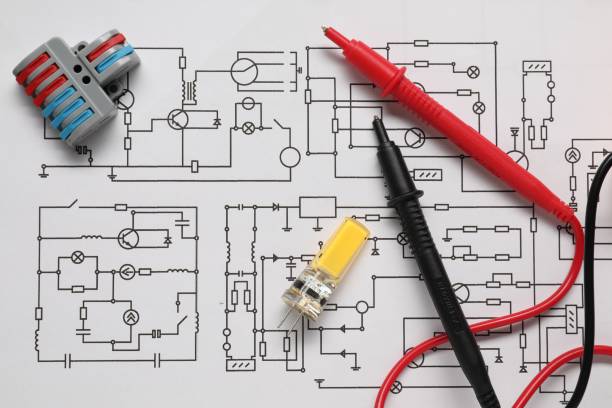 istock Different electrician's equipment on wiring diagram, flat lay 1838434264