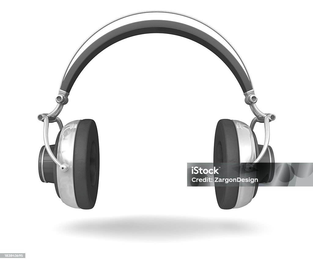 HeadPhones Black and chrome headphones isolated on a white background.Could be useful in a music composition.This is a detailed 3d rendering. Headphones Stock Photo