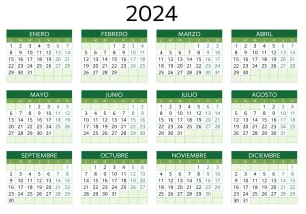 Vector illustration of 2024 spanish calendar. Printable vector template illustration in Spain. Horizontal