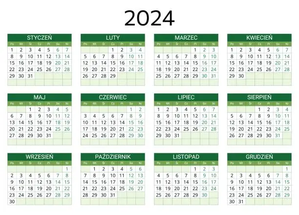 Vector illustration of 2024 polish calendar. Printable, editable vector illustration for Poland. 12 months year kalendarz