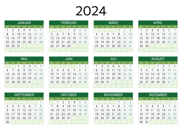 Vector illustration of 2024 german calendar. Printable, editable vector illustration for Germany. 12 months year kalender