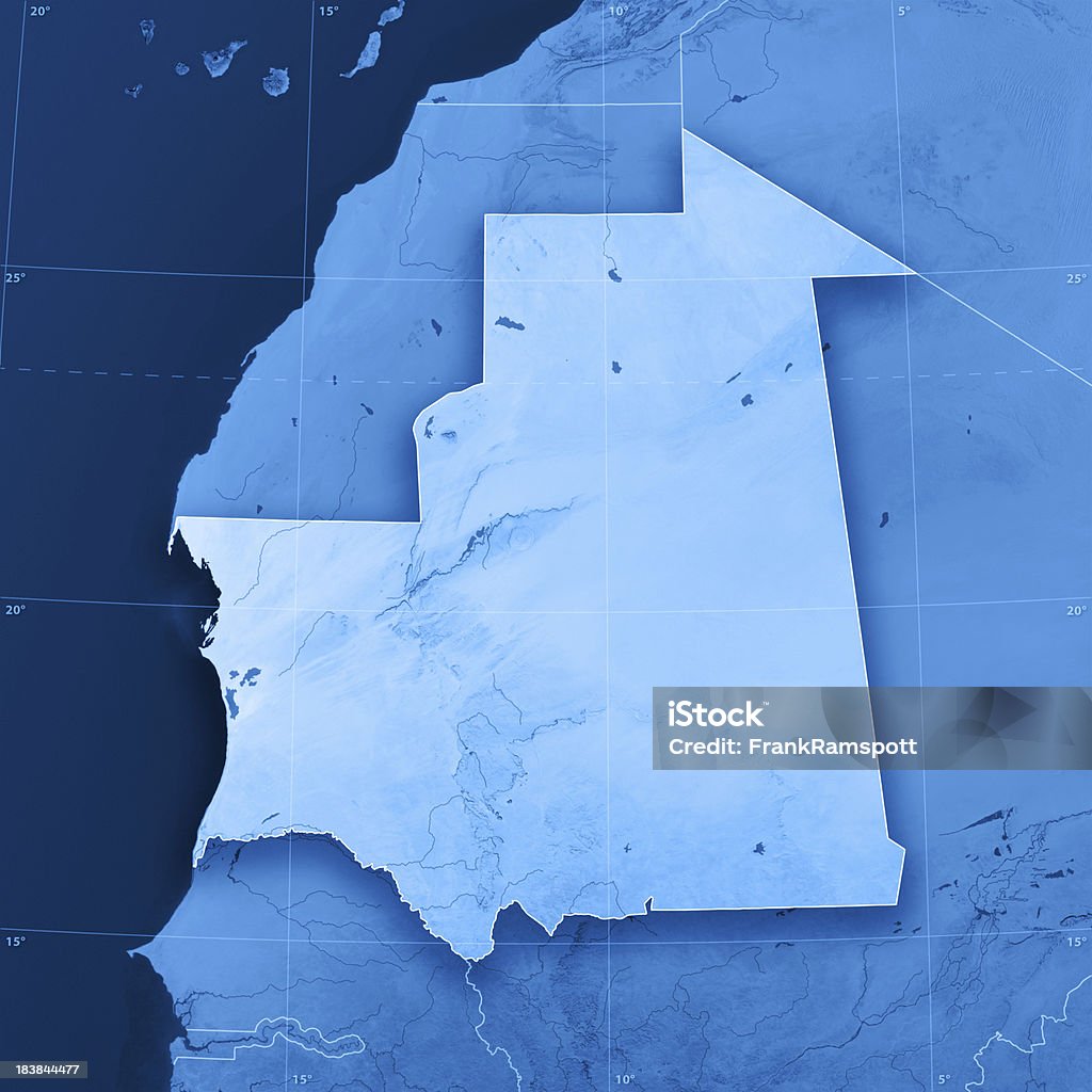 Mauritania Topographic Map "3D render and image composing: Topographic Map of the Islamic Republic of Mauritania. Including country borders, rivers and accurate longitude/latitude lines. High quality relief structure!Relief texture and satellite images courtesy of NASA. Further data source courtesy of CIA World Data Bank II database.Related images:" Africa Stock Photo