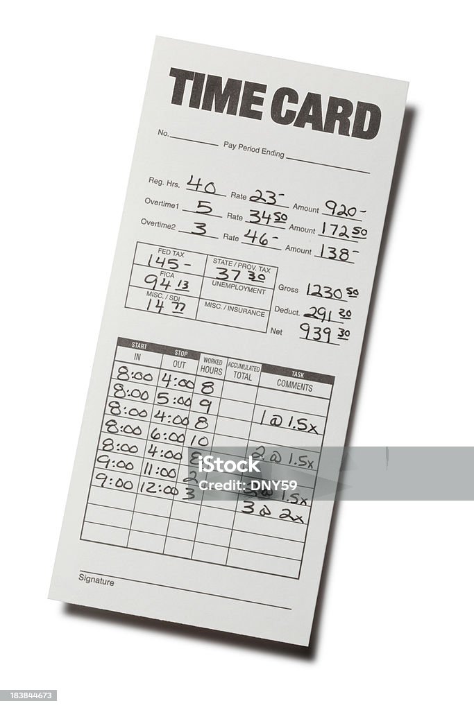 Time Card A time card used to keep track of an employee's hours worked and wages. Clipping path included. Time Card Stock Photo
