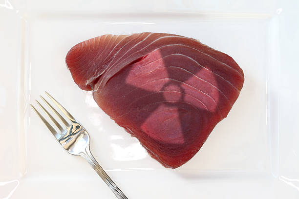 Radioactive Raw Tuna Steak Raw tuna steak on a plate with radioactive sign. dangerous steak stock pictures, royalty-free photos & images