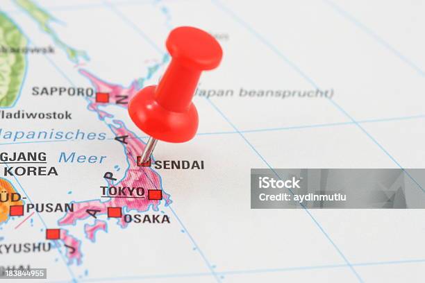 Thumbtack On Japan Map Stock Photo - Download Image Now - Japan, Thumbtack, Above