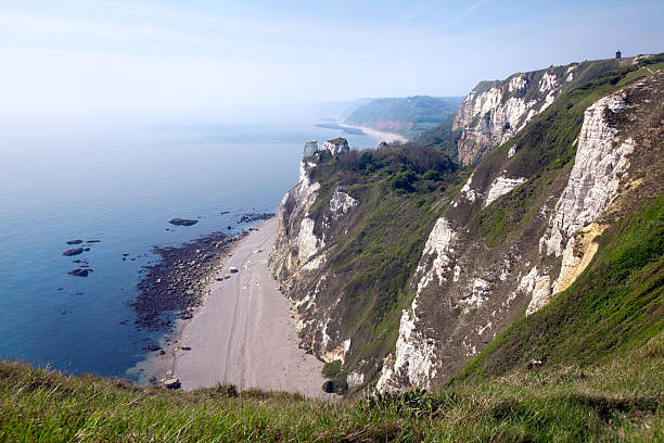 Aerial view of calm bay and rugged coastline, Durdle Door beach