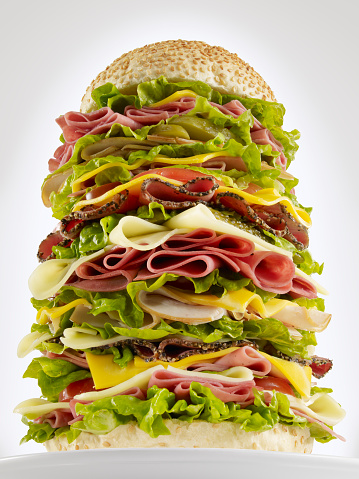 Huge hamburger, low angle.
