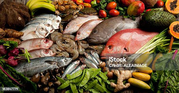 A Composition Of Various Seafood Vegetables And Fruits Stock Photo - Download Image Now