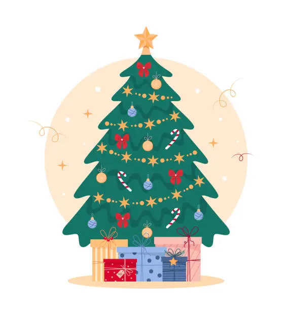 Vector illustration of Christmas Concept. Cute Christmas tree with gifts and decorations. Vector illustration on white background