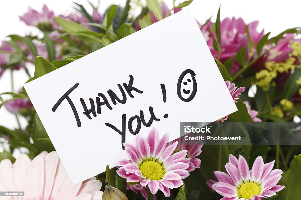 Thank You Note Thank You Note and flowers isolated on White Adhesive Note Stock Photo