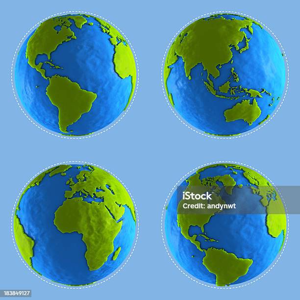 Four Clay Globe Showing Different Continents Stock Photo - Download Image Now - Child's Play Clay, Globe - Navigational Equipment, Planet - Space