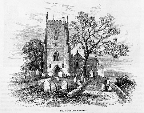 Illustration from Harper's New Monthly Magazine Vol. LIV December 1876 to May 1877: View of people in front of  St Woolos Cathedral, Newport, South Wales and cemetery.