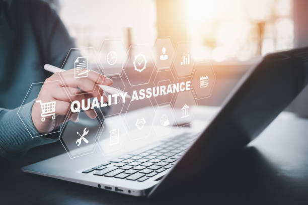 istock Business people working with laptop or computers service Quality assurance, Quality Assurance Control and improvement. Standardization, certification concept. Compliance to regulations and standards. 1838515535
