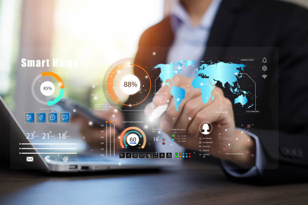istock Hand using AI smart tablet with smart home app on the room, circular interface of the smart home automation assistant on the virtual screen and user touches the button, smart home digital interface 1838515538