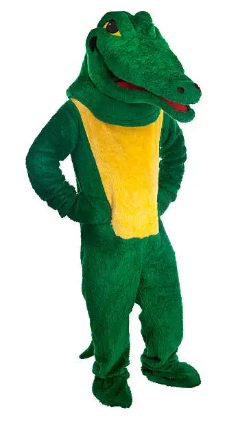 a man wearing alligator costume hands on hips