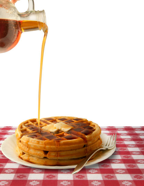 waffeln. - waffle syrup pouring breakfast stock-fotos und bilder