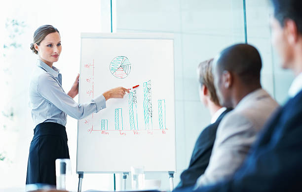 istock Business woman pointing at the graph during presentation 183853610