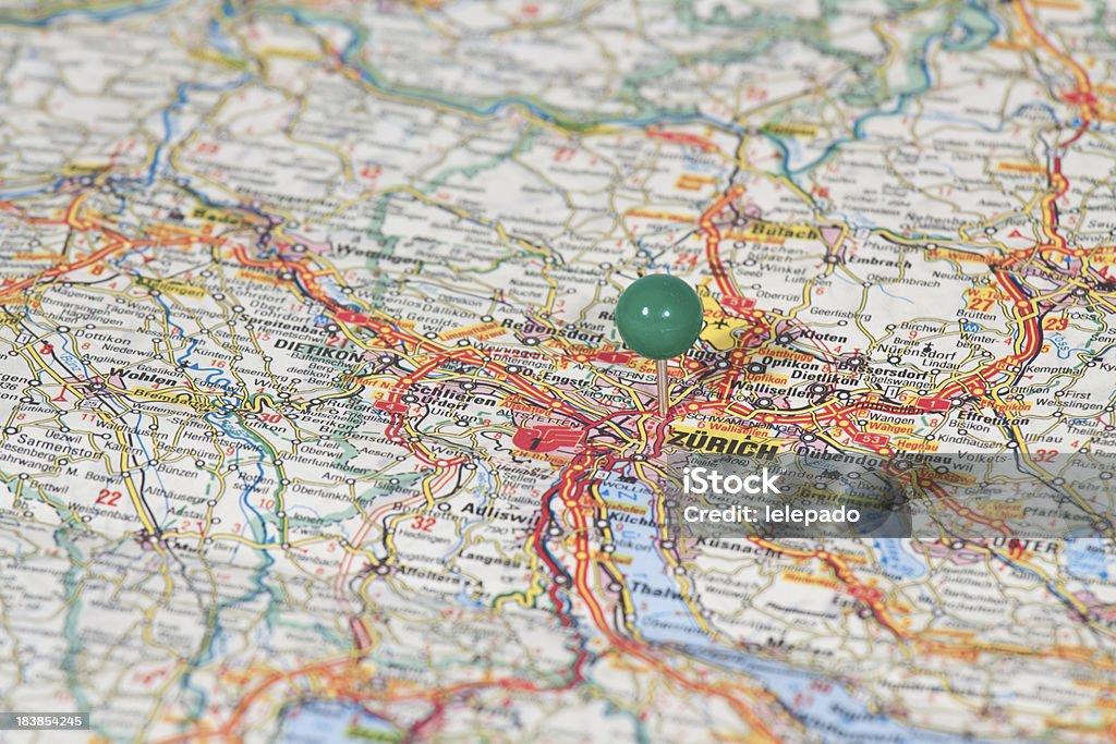 Map of Zurich, Swisse Map of Zurich (Swisse) with green pin Cartography Stock Photo