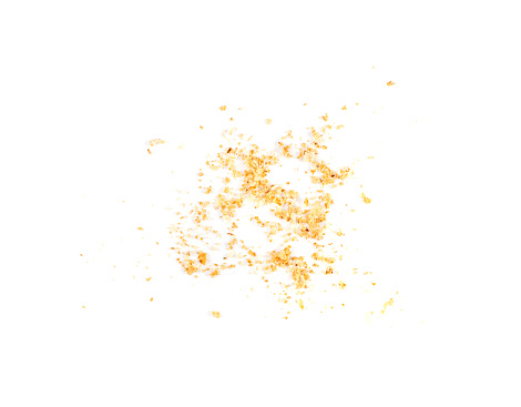Bread Crumbs Isolated. Scattered Crushed Rusk Bread Crumbs for Nuggets, Panko on White Background Top View