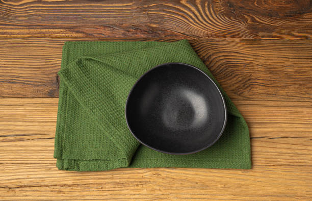 istock Empty Bowl Mockup, Black Plate on Wooden Table Top View with Copy Space for Text 1838545811