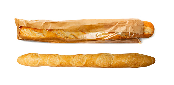 French baguette isolated. Long bread loaf,   fresh cereal buns, whole traditional baguettes, wheat baguette on white background top view
