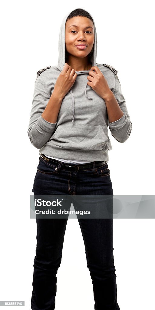 Female Portrait Portrait of a young woman on a white background. http://s3.amazonaws.com/drbimages/m/pripri.jpg Hooded Shirt Stock Photo