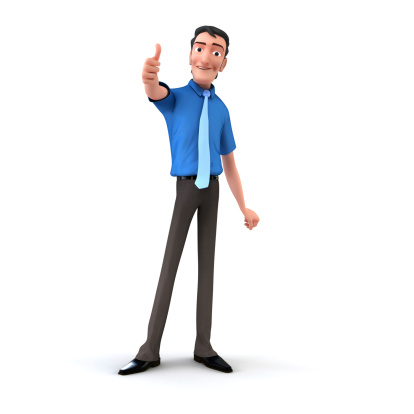 3D Illustration of smiling male guy Qadir showing thumb up, positive hand gesture, good job, respect.3D rendering on blue background.