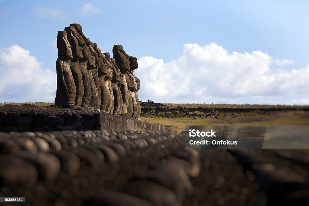 Ahu Tongariki Moais on Easter Island, Chile Ahu Tongariki Moais statues on Easter Island in Chile on a sunny day with blue sky.  Rapa Nui Stock Photo