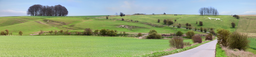 This white horse dates from the early 19th century, and is carved into the chalk hillside. This area of England has many white horses (only one is actually ancient, from the Iron Age), which is a type of hill figure. Visited in early spring, when the fields are brilliant green with fresh growth. Nearby is Avebury, well-known site of the oldest stone circle in the world.