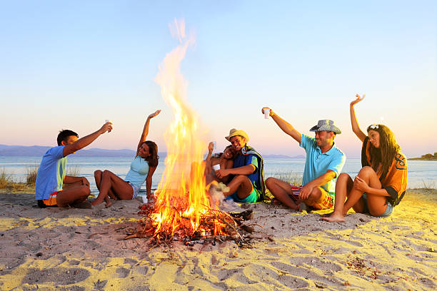 istock Happy friends enjoying, sitting next to the campfire. 183858636