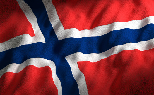 Flag of Norway with highly detailed woven fabric pattern and dramatic lightning (Photorealistic render)
