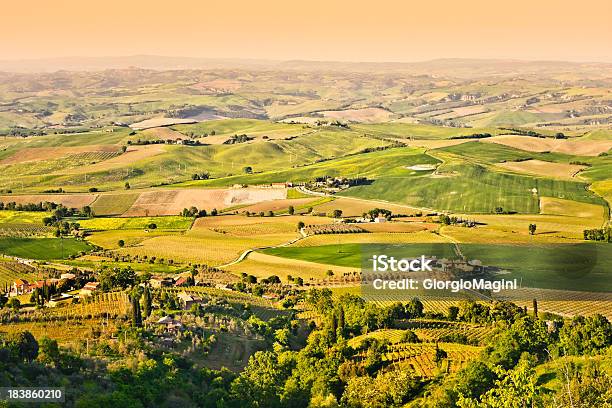 Paisaje Rural De La Toscana Al Atardecer Desde Montalcino Val Dorcia Foto de stock y más banco de imágenes de Montalcino