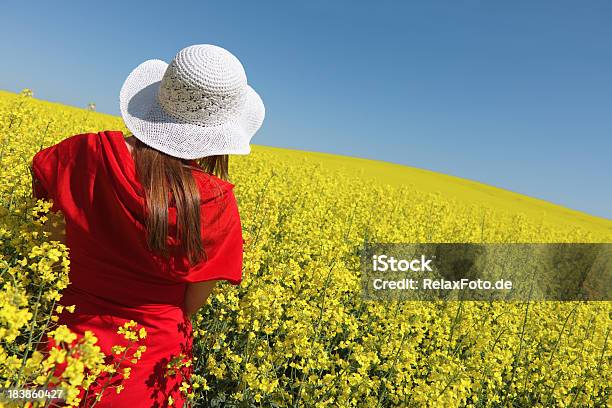 Vista Posteriore In Rosso Vestito Di Donna In Canola Field Xxxl - Fotografie stock e altre immagini di Adulto