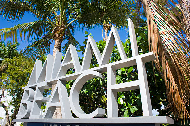 Miami Beach Sign in Florida USA "Miami Beach sign on the road into Miami Beach, Florida." miami beach stock pictures, royalty-free photos & images