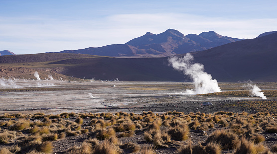 El Tatio geyser field in northern Chile at dawn