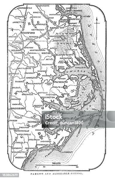 지도 Pamlico 및 앨버말 소리 지도에 대한 스톡 벡터 아트 및 기타 이미지 - 지도, 해안선, 과거
